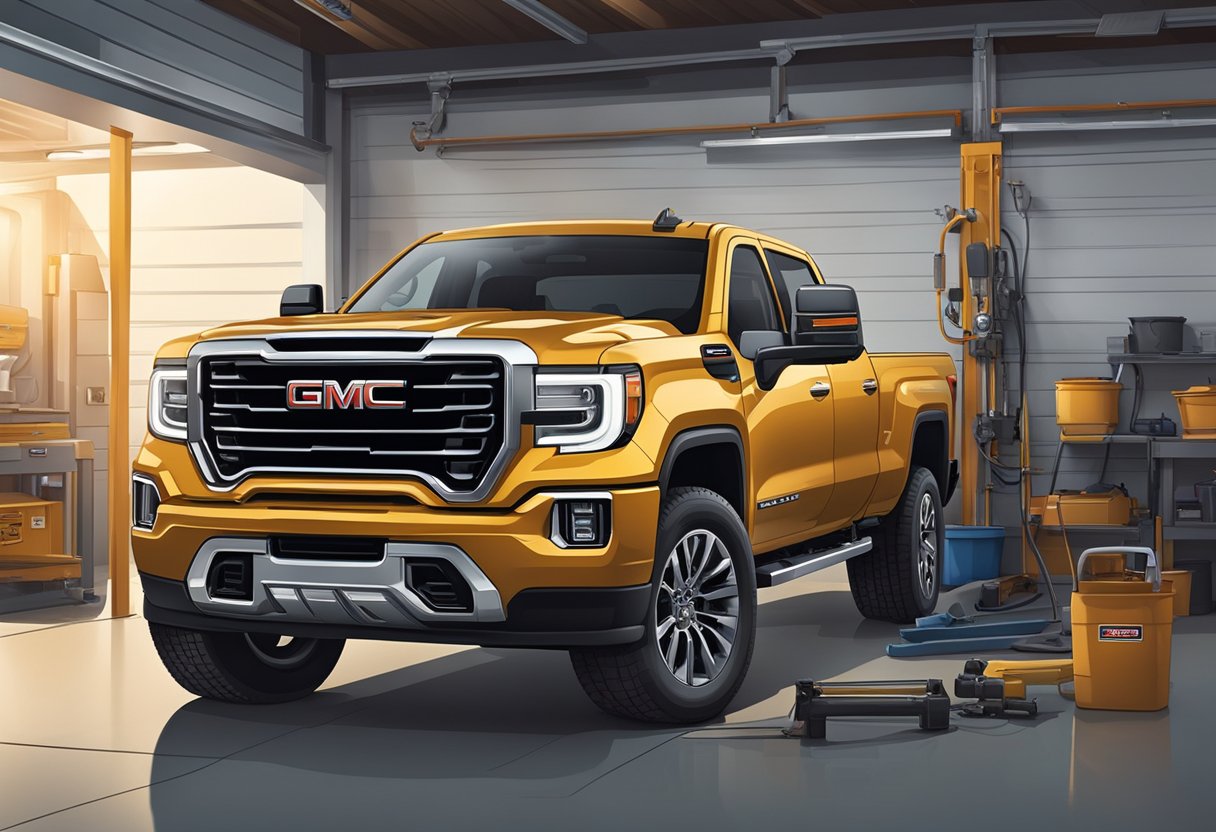 The GMC Sierra 2500 is parked in a garage. A mechanic is pouring differential oil into the vehicle's differential, following a comprehensive maintenance schedule
