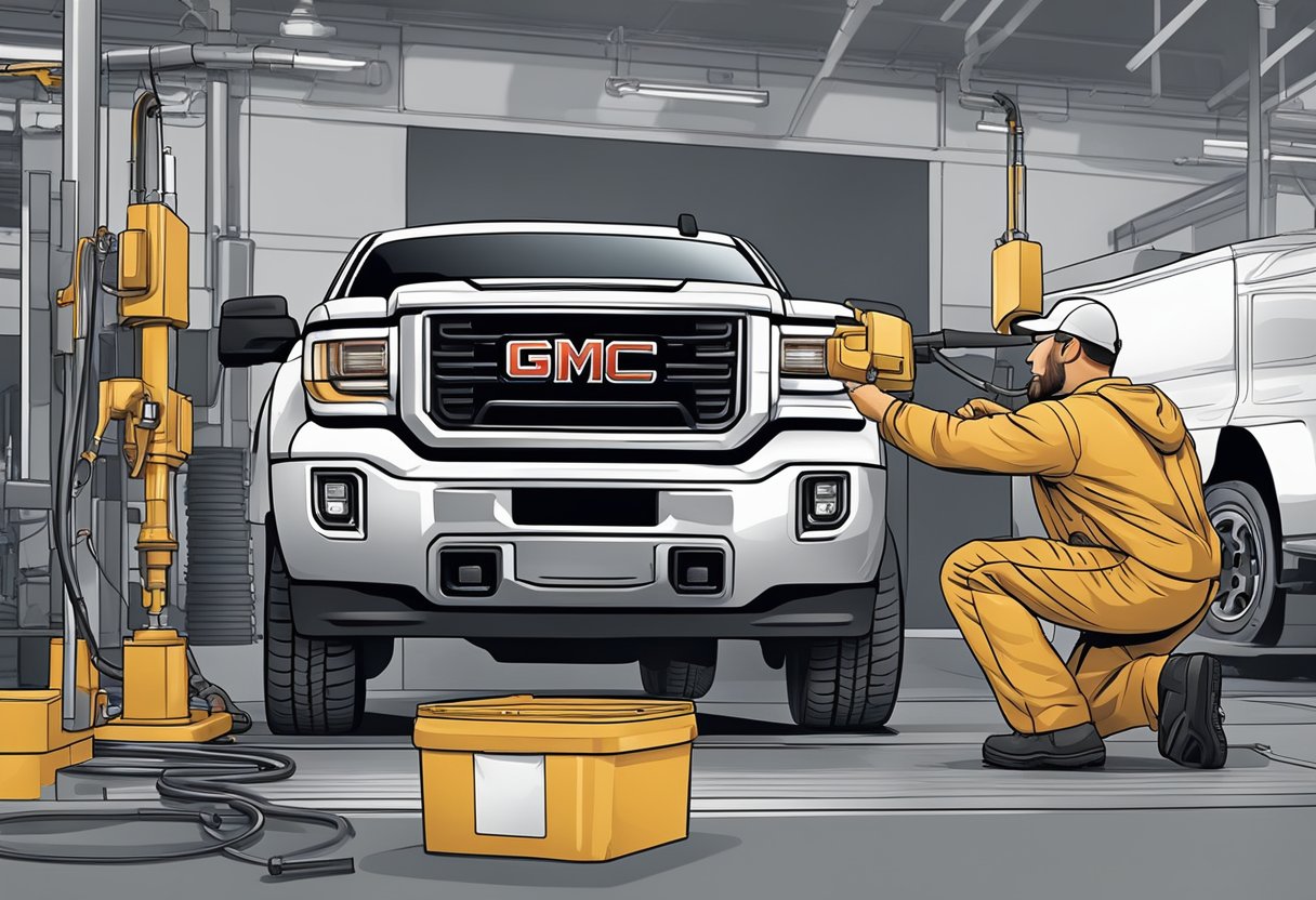 A mechanic pours differential oil into a GMC Sierra 3500, carefully checking the type and ensuring proper understanding of the process
