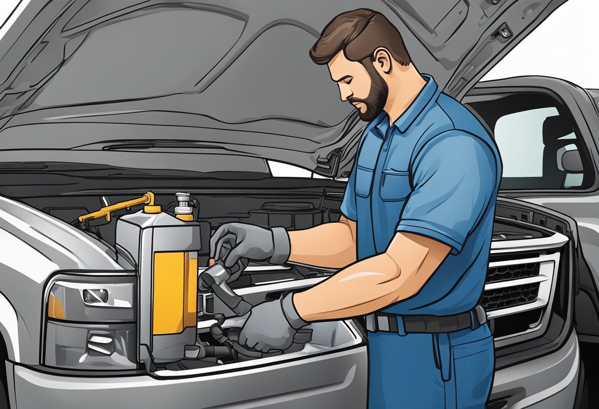 A mechanic pours differential oil into a GMC Sierra 3500, following the manufacturer's recommended change intervals and using the specified oil type