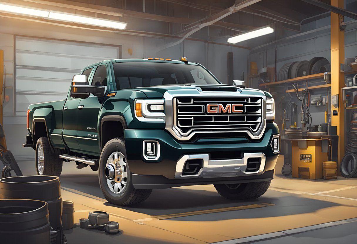 A GMC Sierra 3500 truck with its differential oil type being checked and filled by a mechanic in a well-lit garage