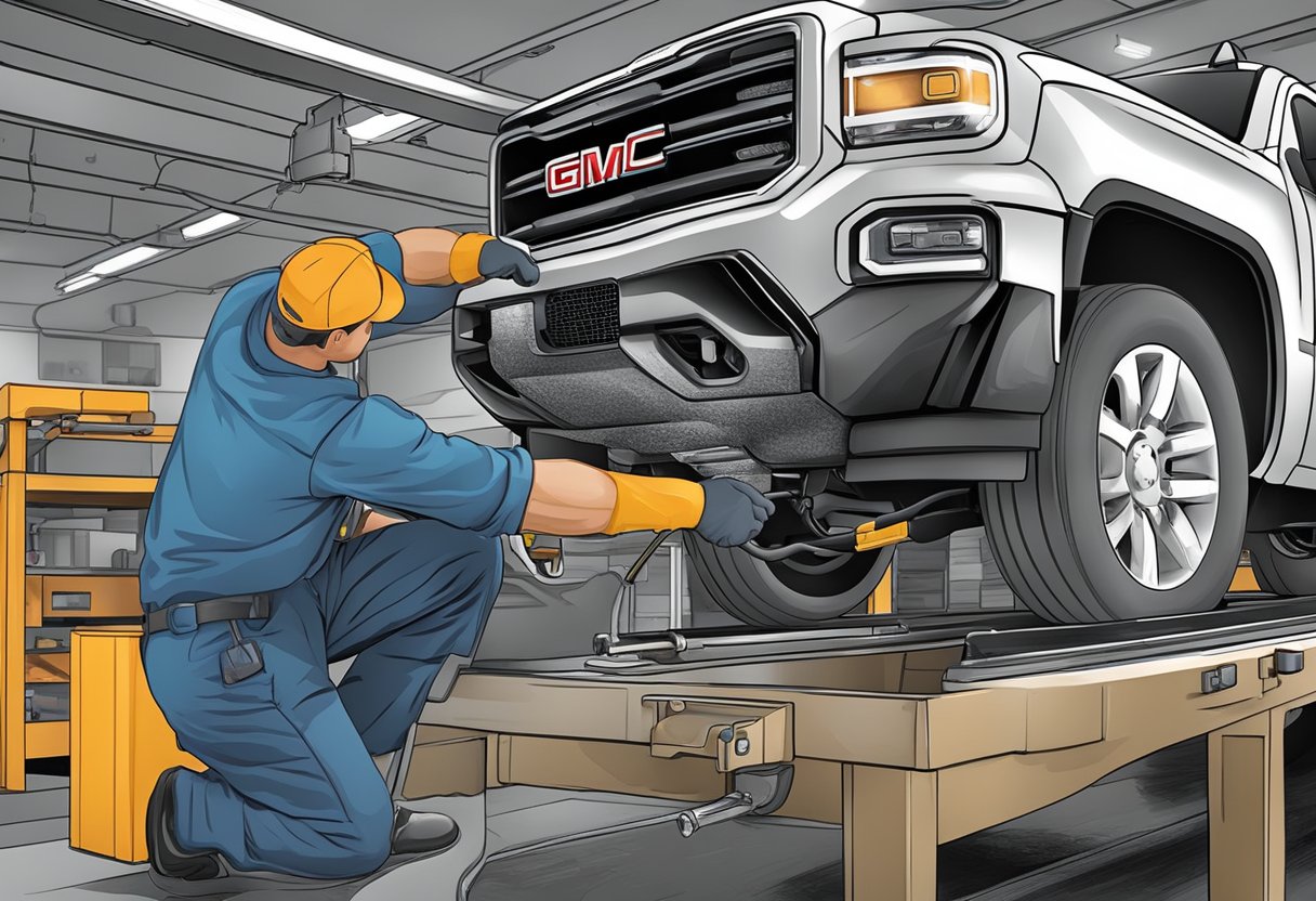 The mechanic pours differential oil into a GMC Sierra 3500, carefully measuring the capacity to ensure proper maintenance