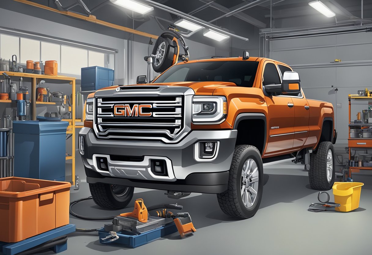 A mechanic pours differential oil into a GMC Sierra 3500, following the manufacturer's recommended capacity. The truck sits on a lift in a well-lit garage, surrounded by tools and equipment