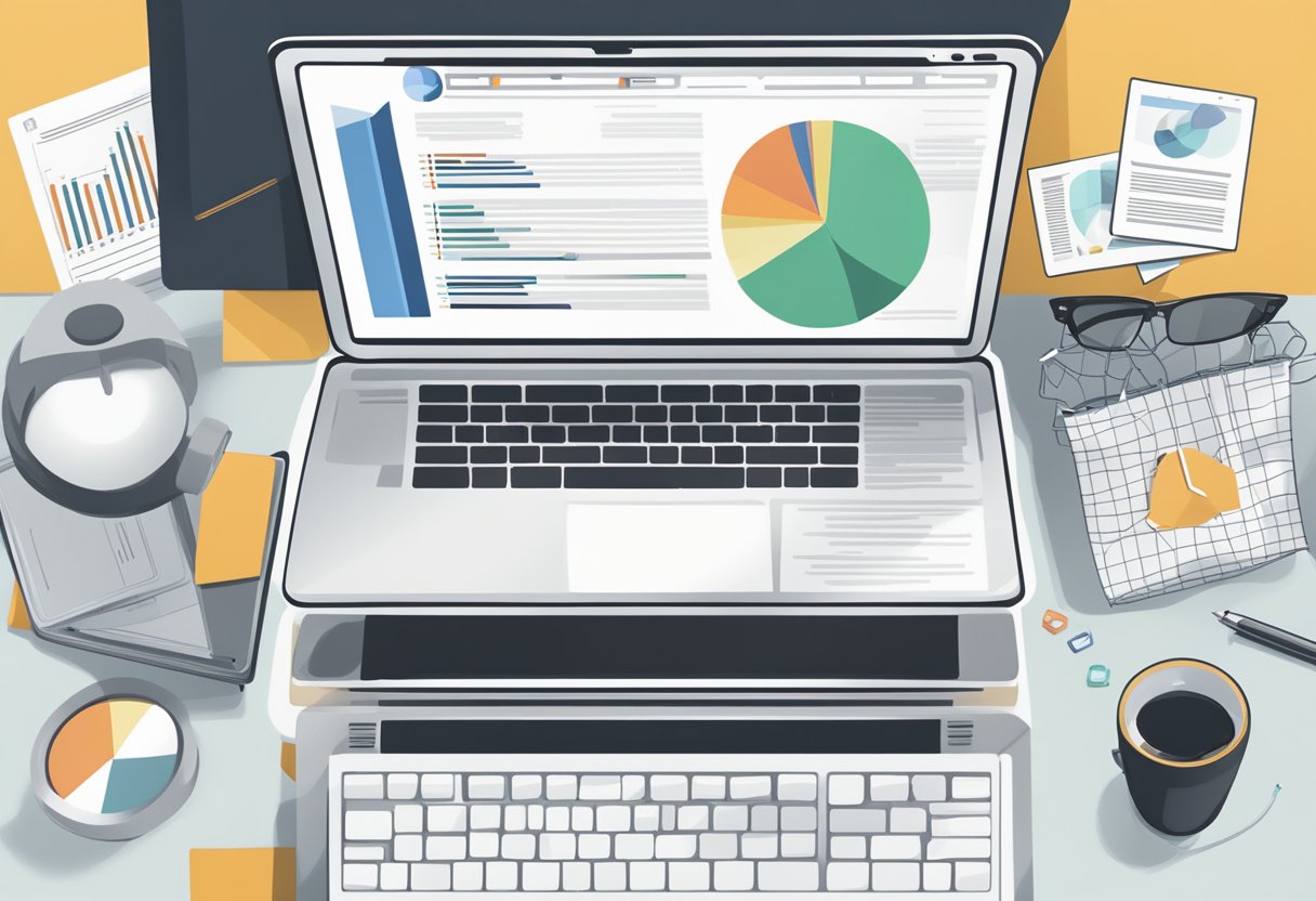 A laptop on a desk with a blog post being typed out, surrounded by SEO keywords and analytics charts