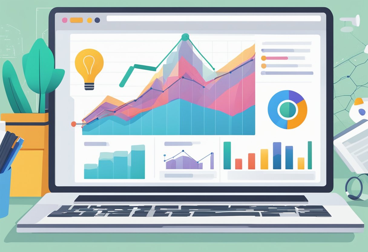 A computer screen displays a blog titled "The SEO Boost: How Regular Blogging Can Increase Your Website's Search Rankings." A graph shows an upward trend