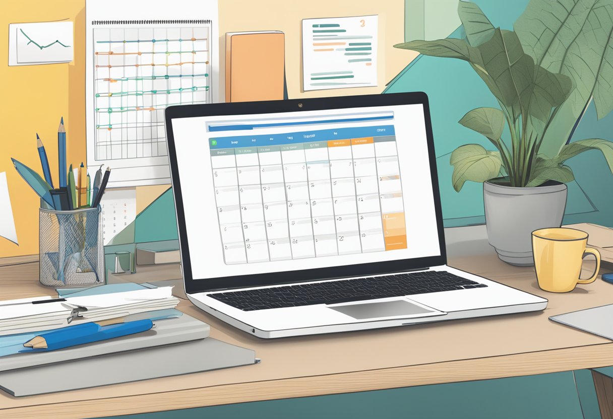 A laptop open on a desk, surrounded by notebooks and pens. A calendar on the wall with dates marked for regular blog posts. A graph showing increasing search rankings