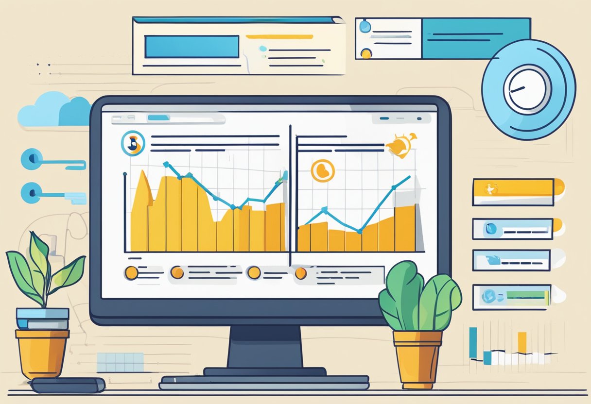 A computer screen shows a blog titled "The SEO Boost: How Regular Blogging Can Increase Your Website's Search Rankings." A graph displays an upward trend, symbolizing improved search rankings