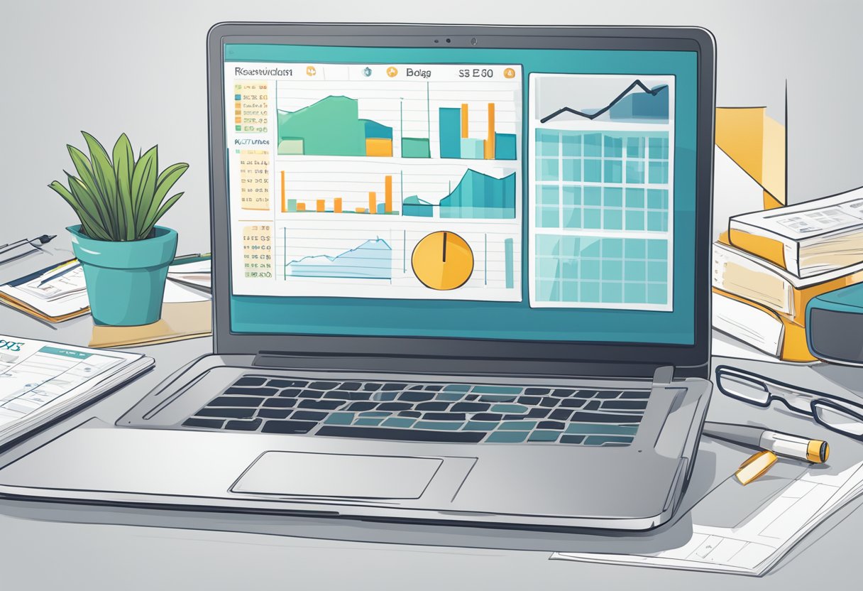 A laptop open on a desk with a graph showing an upward trend, surrounded by SEO keywords and a calendar with regular blog post dates