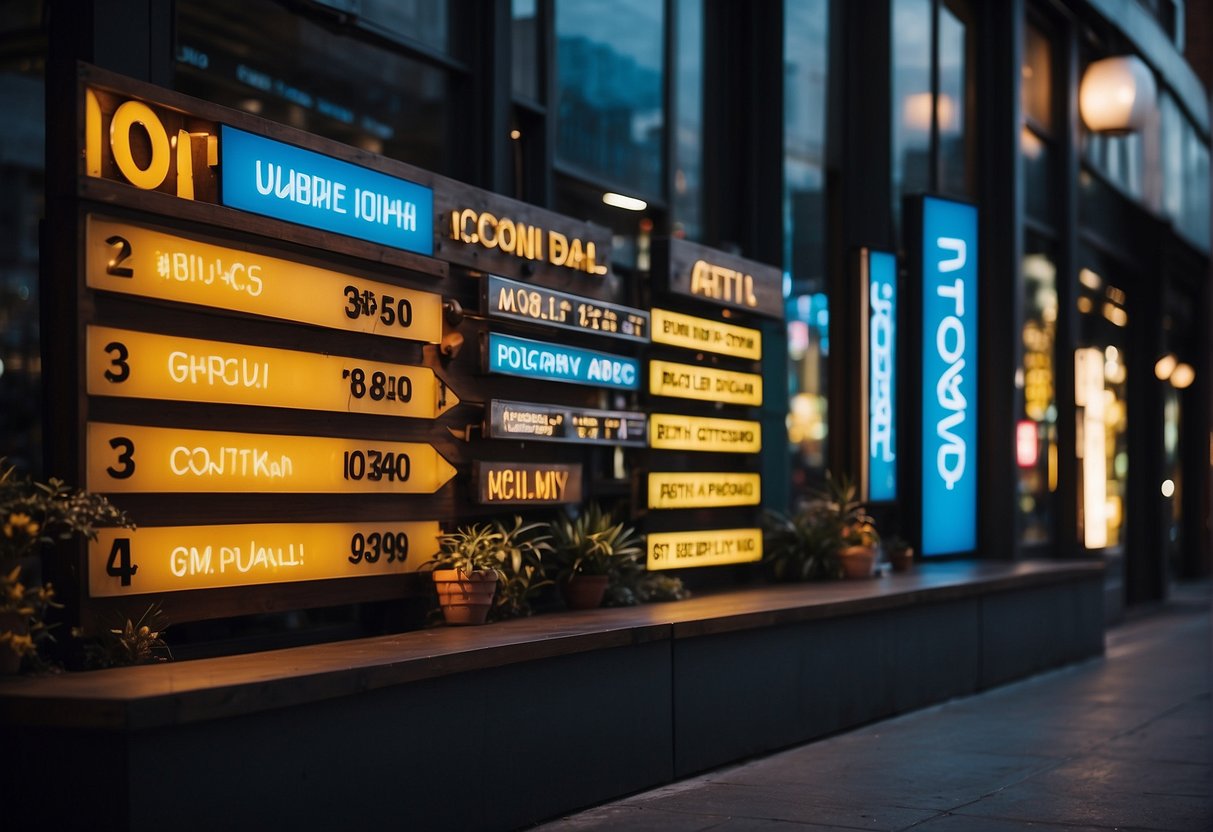 Various outdoor sign types: neon, wooden, metal, and digital. Each sign is displayed in front of different businesses, creating a vibrant and diverse streetscape
