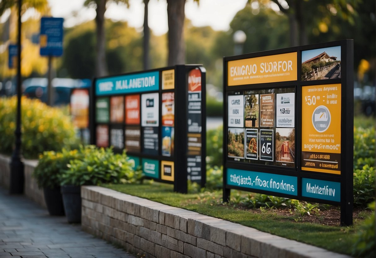 A variety of outdoor sign types displayed on a signboard, including directional, informational, and advertising signs