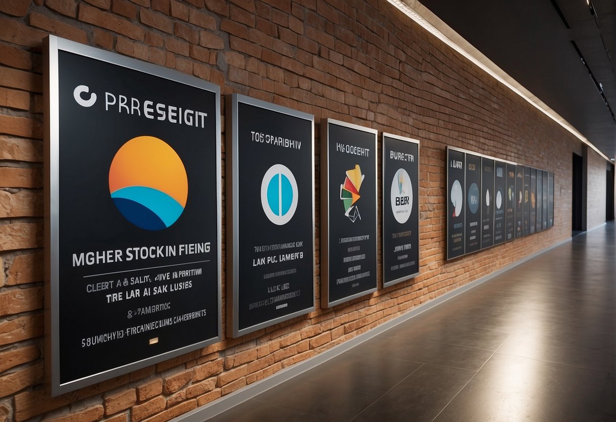 Various indoor sign types, including acrylic, metal, and LED, are displayed on a clean, modern wall. The signs are elegantly designed with custom logos and text