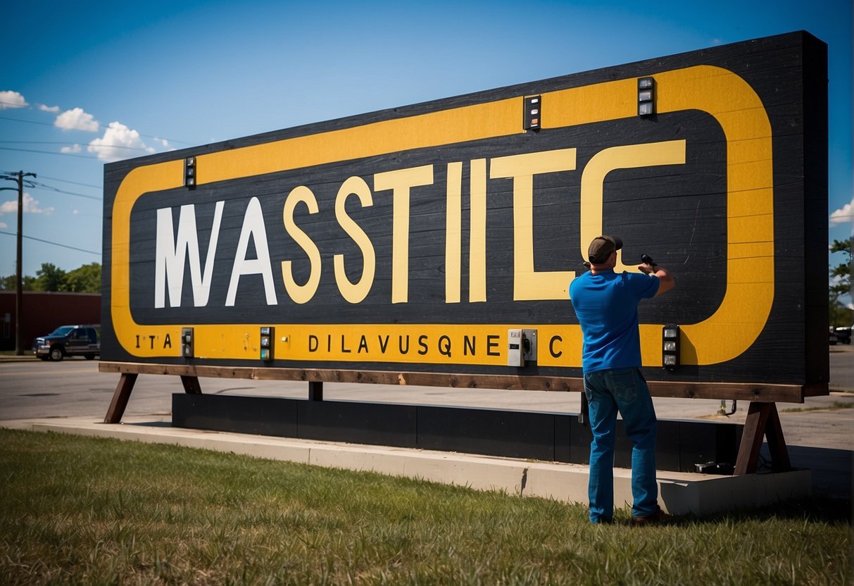 A technician installs a custom sign in Nashville, Tennessee. The sign features bold lettering and vibrant colors, standing out against the city skyline