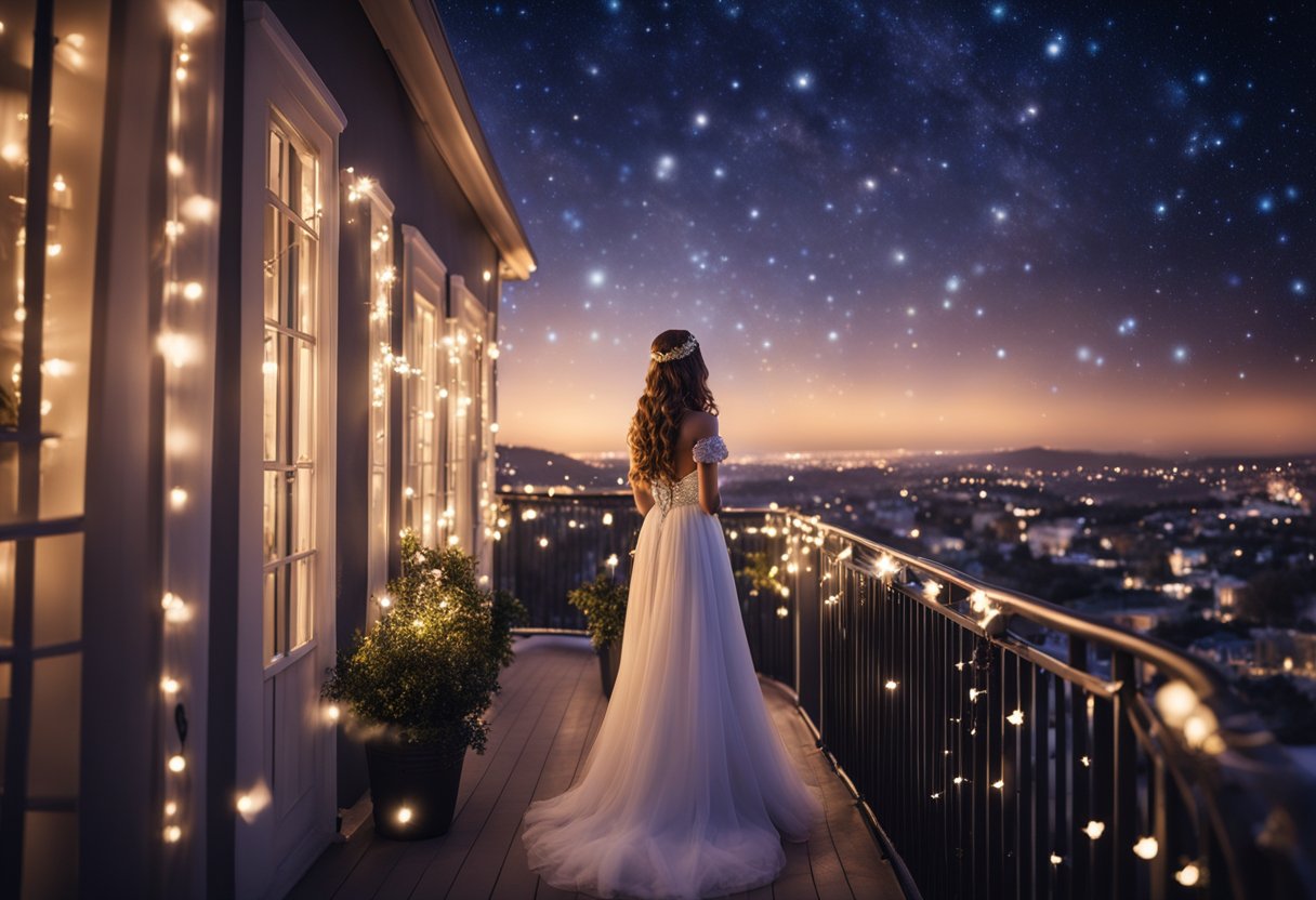The starlight princess gazes at the shimmering night sky from her balcony, surrounded by glowing stars and twinkling lights