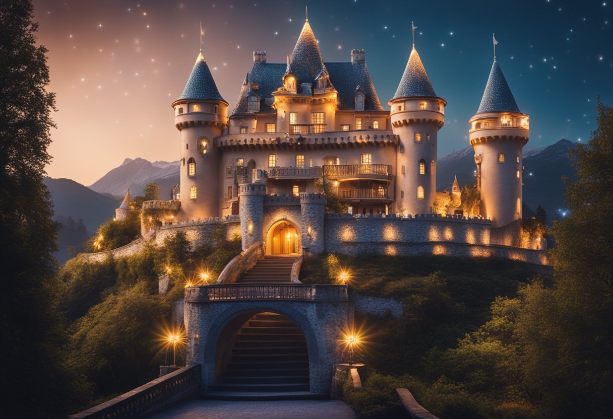 A majestic castle surrounded by twinkling stars and colorful lights, with a princess standing on the balcony overlooking the enchanting kingdom below