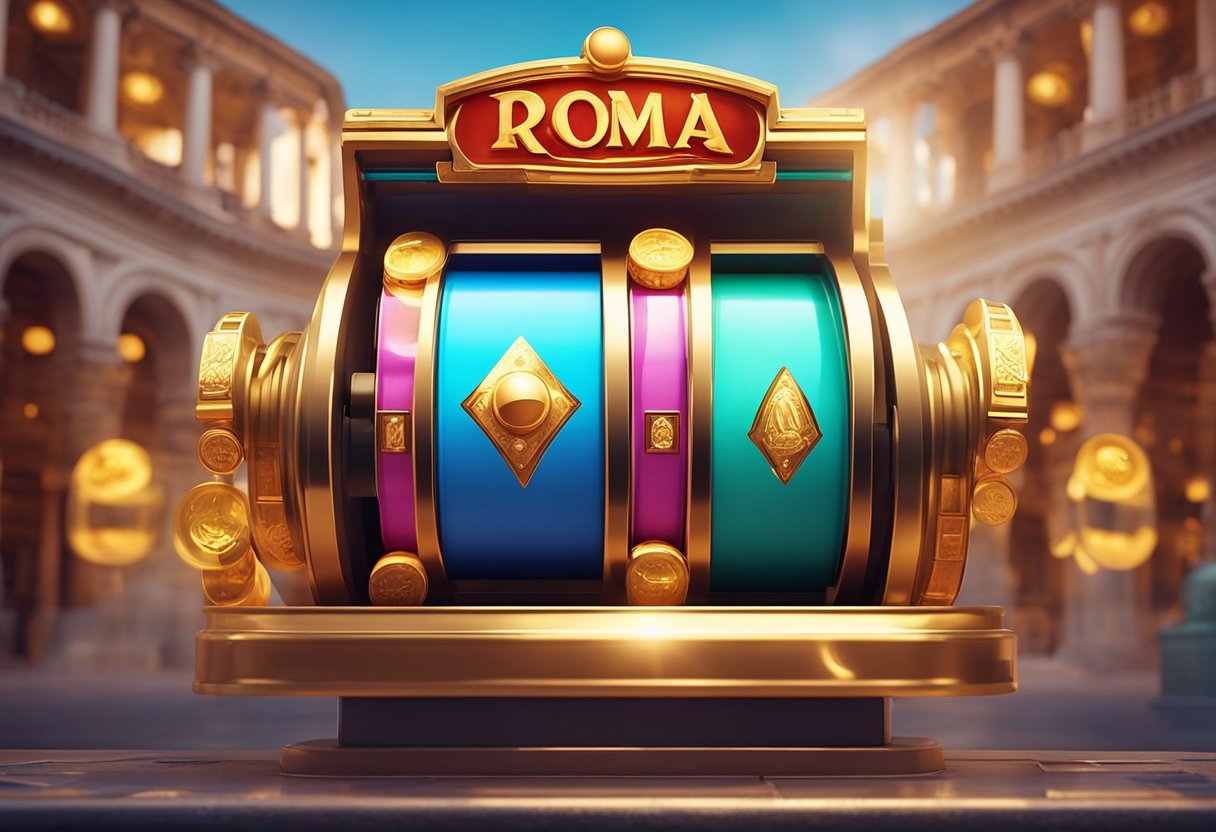 Brightly colored Roma slot online game with spinning reels and glowing symbols, set against a backdrop of ancient Roman architecture