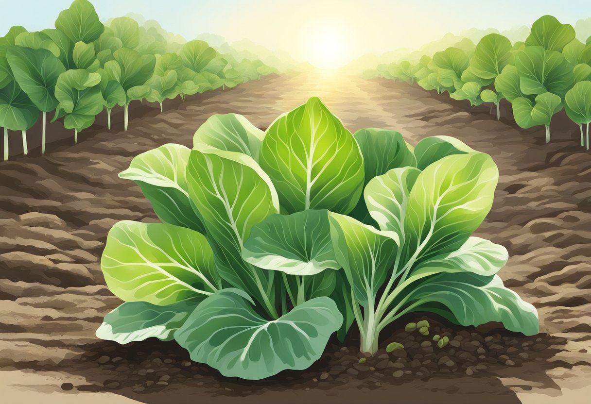 Bok choy grows in rich soil, its green leaves reaching towards the sun, while its white stalks grow firm and upright