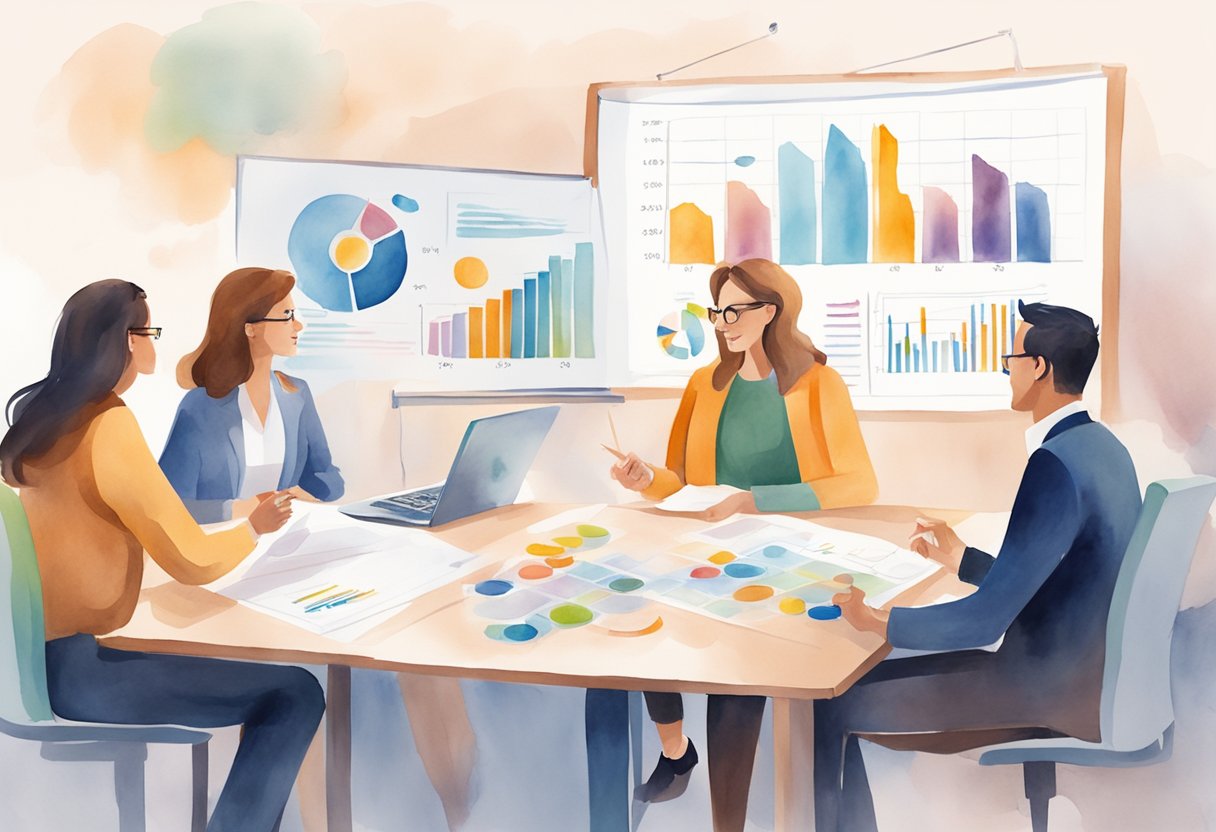 A group of people discussing and comparing the HBDI and DISC models for organizational development, with charts and graphs displayed on a whiteboard