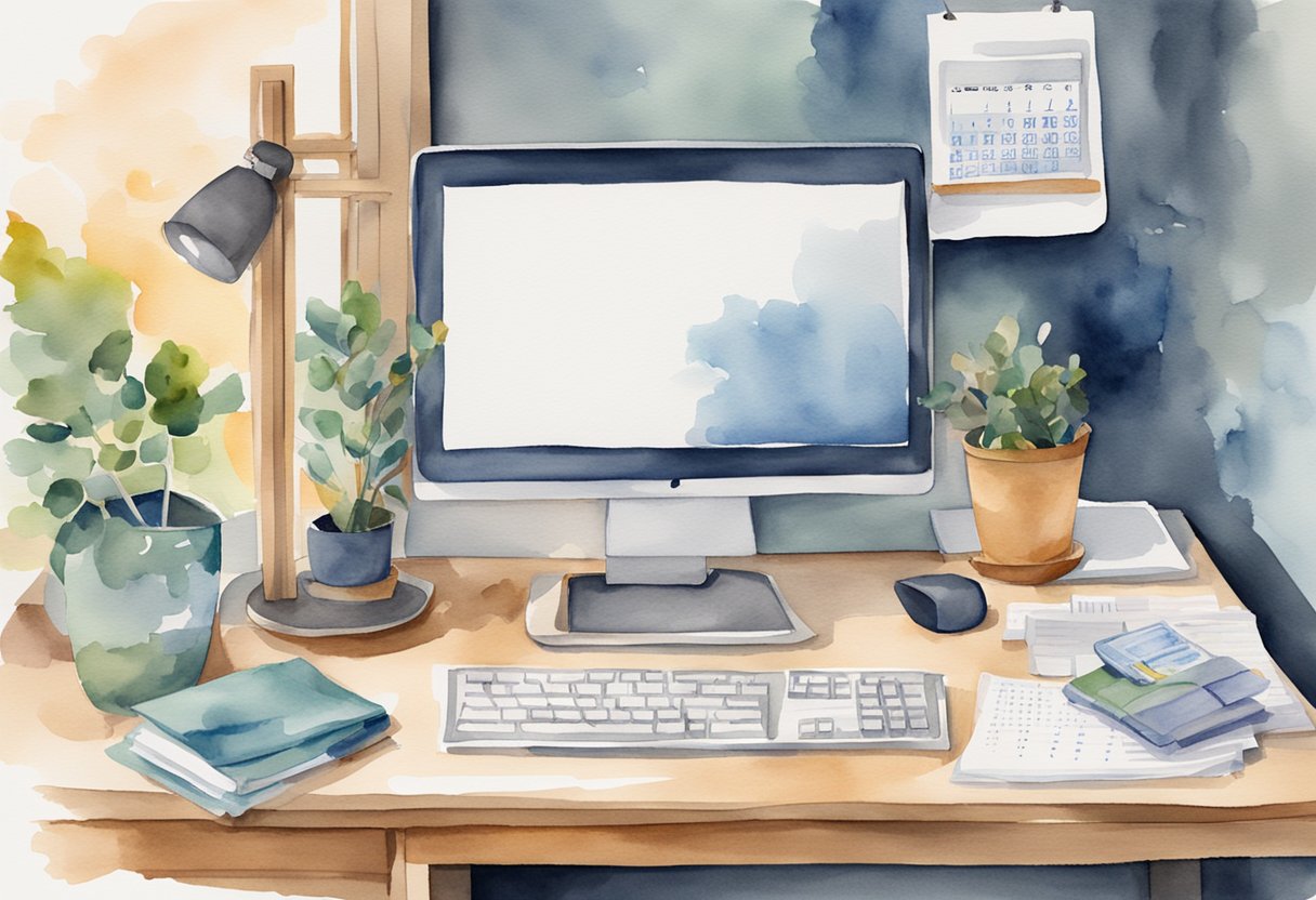 A desk with a computer, phone, and calendar. Papers and folders are neatly organized. A clock on the wall shows different time zones