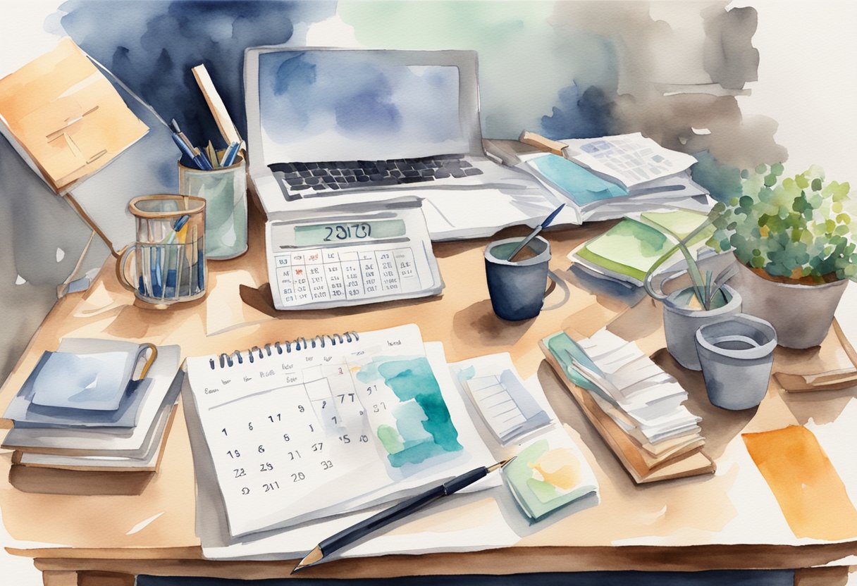 A cluttered desk with a calendar, to-do list, and various tasks competing for attention. A clear prioritization system is evident