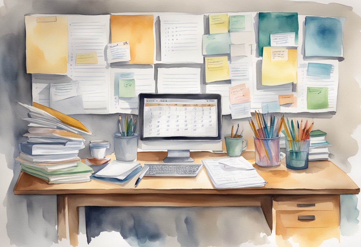 A desk cluttered with various project files, a calendar with multiple deadlines, and a whiteboard filled with task lists and prioritization techniques