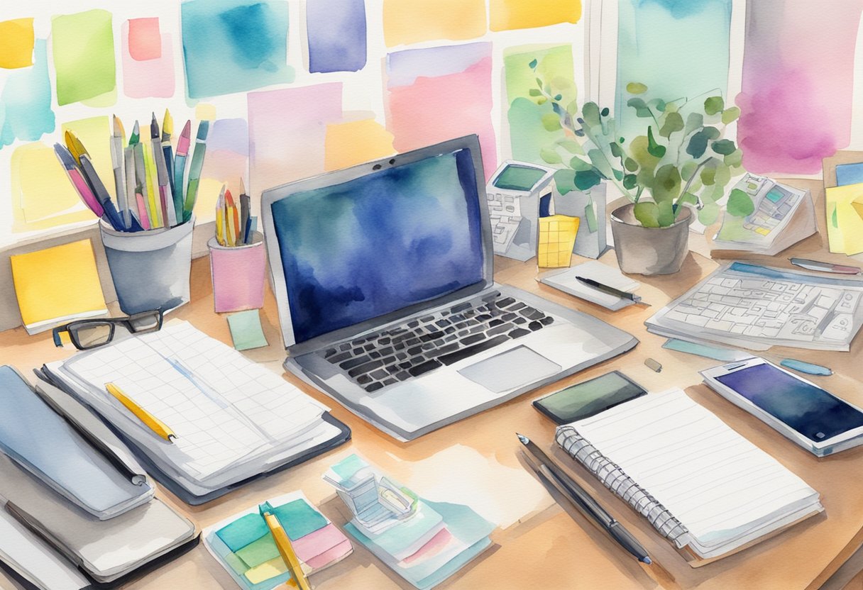 A desk with a computer, phone, and planner. Multiple tasks and deadlines are visible on the screen and in the planner. Pens, highlighters, and sticky notes are scattered around