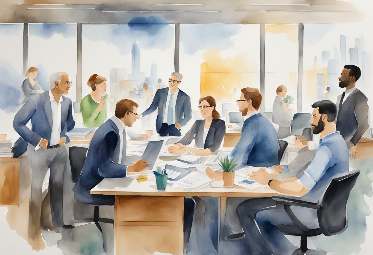 A bustling office with diverse stakeholders engaged in lively discussions, while a central figure manages multiple priorities with focused determination