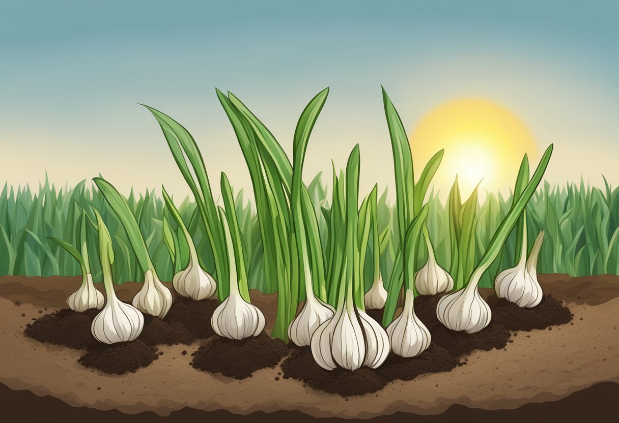 Garlic bulbs sprout in rich soil, with green shoots reaching towards the sun