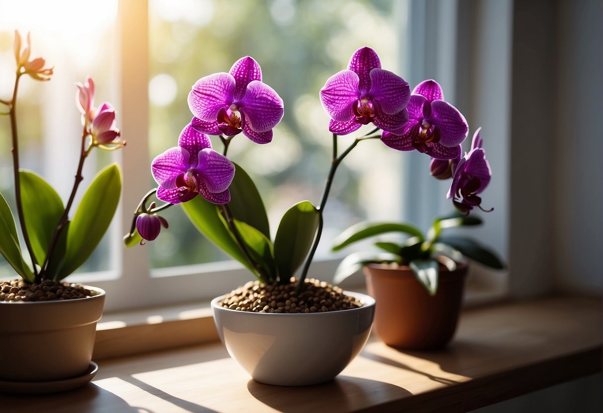 An orchid sits on a bright windowsill, receiving filtered sunlight. A small dish of water sits nearby, and a bag of orchid fertilizer is on the counter