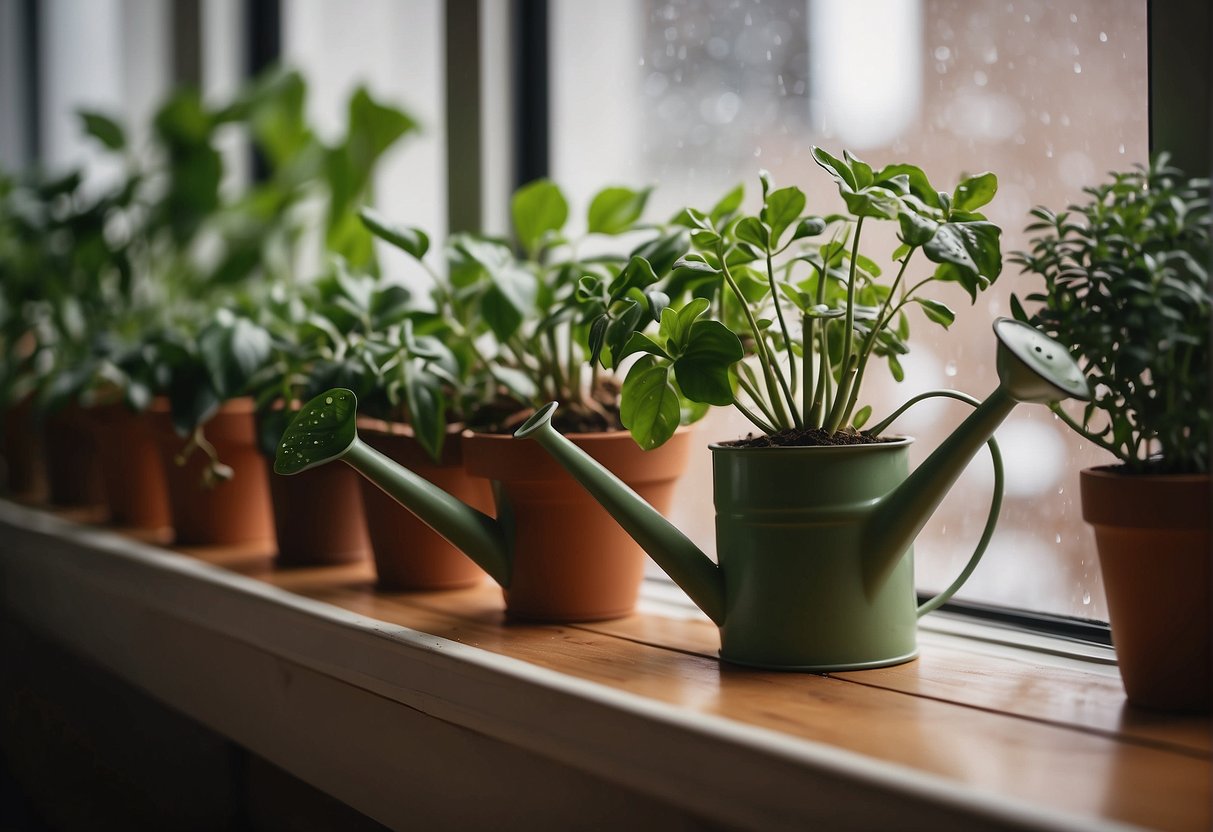 A watering can hovers over a row of potted plants on a windowsill, droplets fall onto the soil