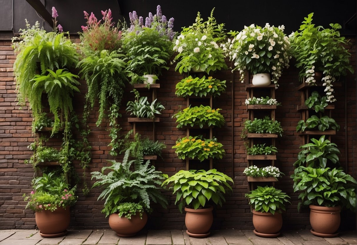 Lush green plants cascading down a wooden trellis, hanging planters adorning a brick wall, and vibrant flowers blooming in stacked vertical planters