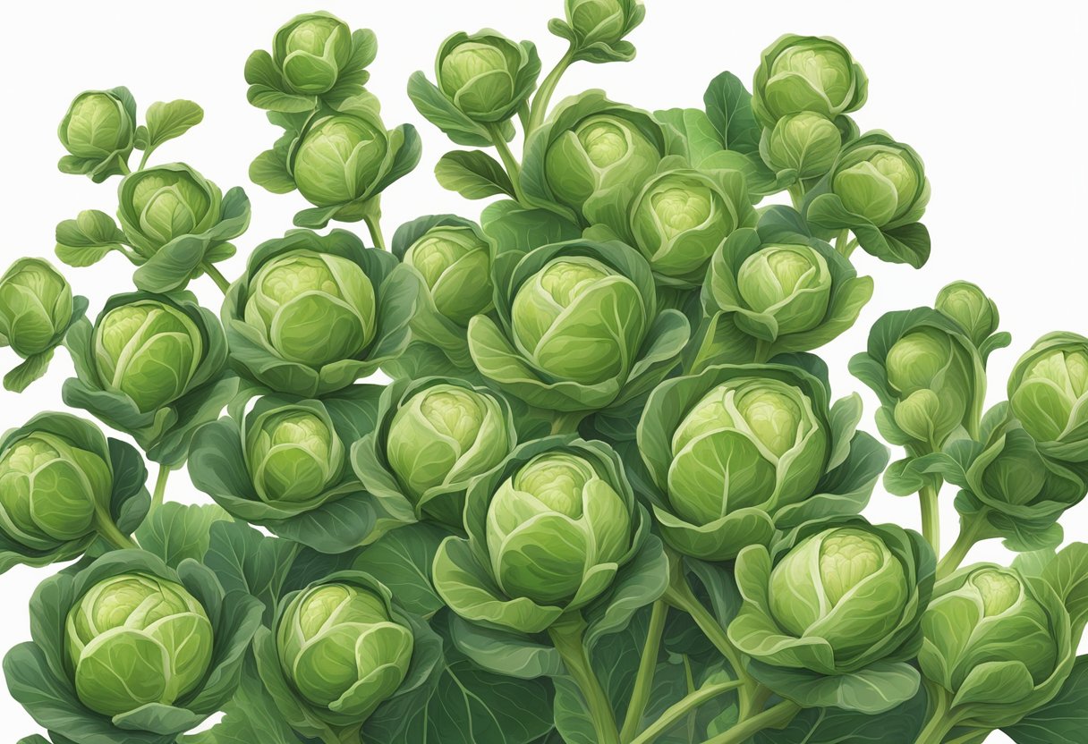 Brussel sprout plants reach up to 2-3 feet in height, with thick stalks and dense clusters of small, green sprouts at the top