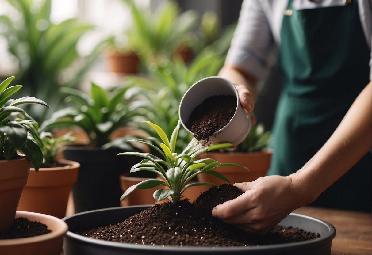 A hand sprinkles fertilizer onto the soil of potted indoor plants