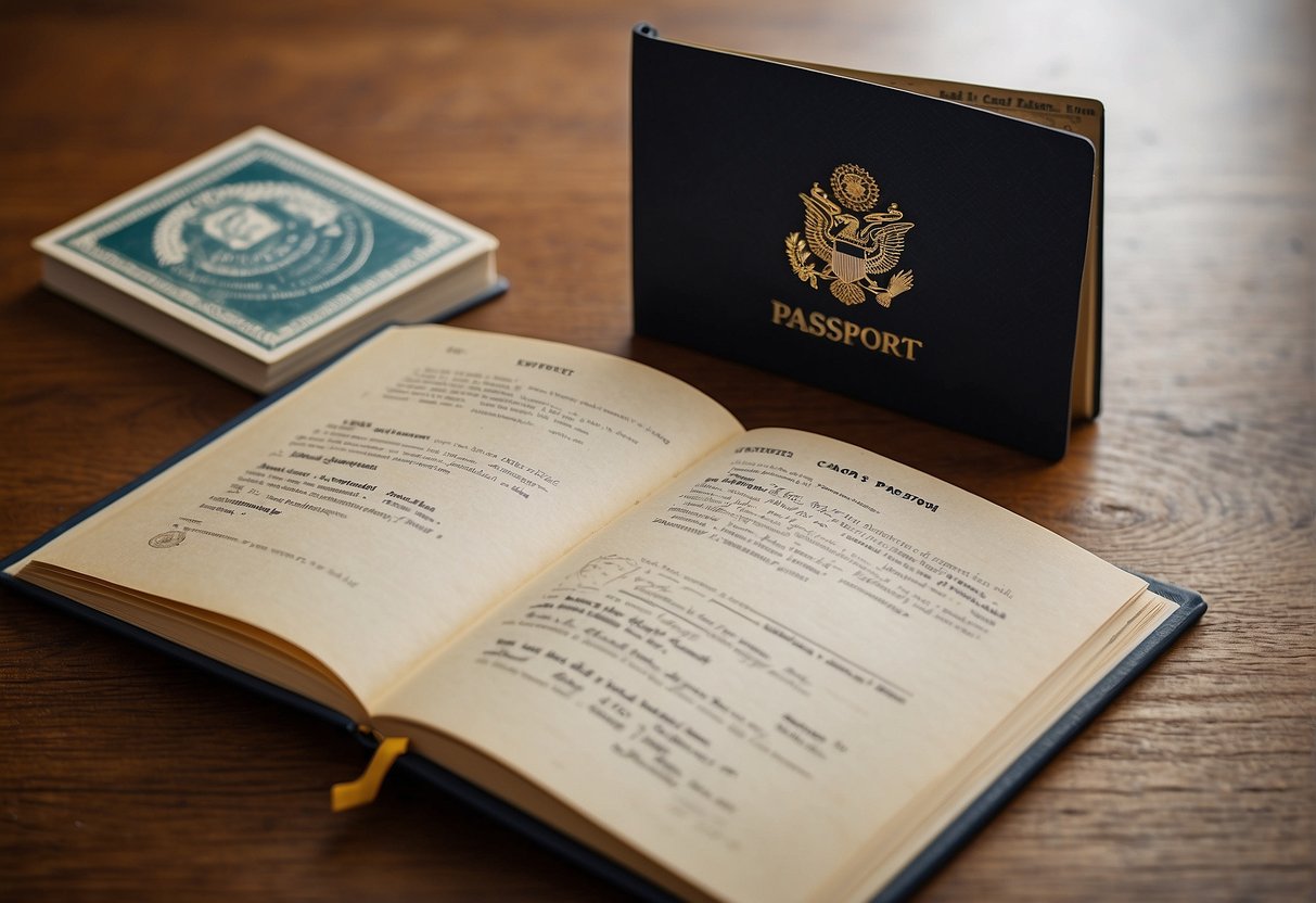 A passport book and card lay side by side, with the book open to a stamped page and the card displaying the bearer's information