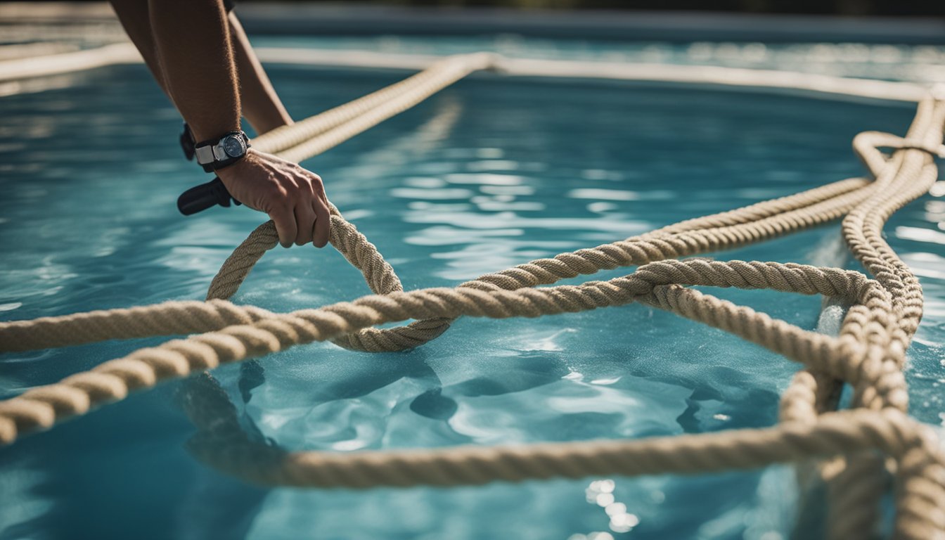 A person is spreading out a pool cover over the water, securing it in place with hooks and ropes. The cover is being smoothed out to ensure it fully covers the pool