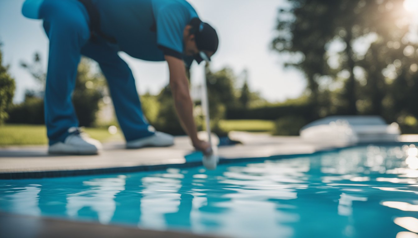 A pool cover being carefully installed over a clear blue swimming pool
