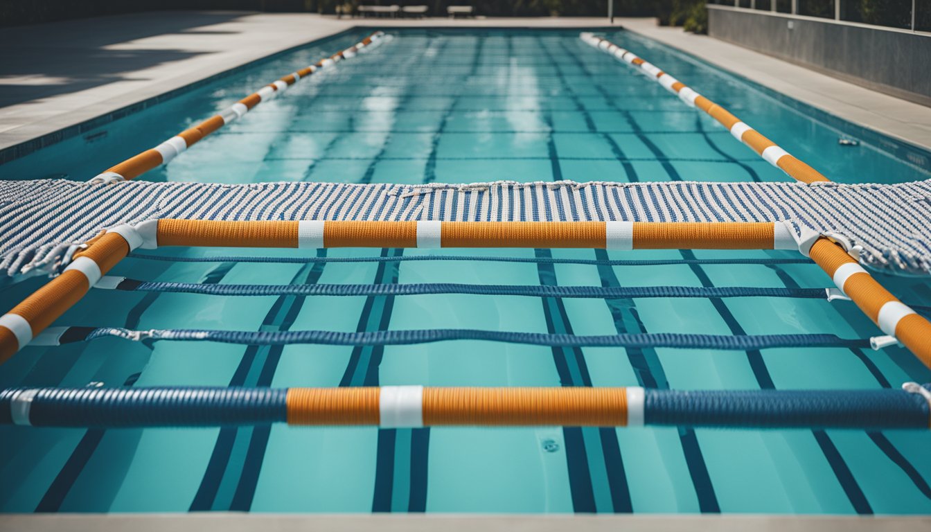 A pool cover with compatible accessories, like hooks and straps, neatly arranged around the edges of the pool