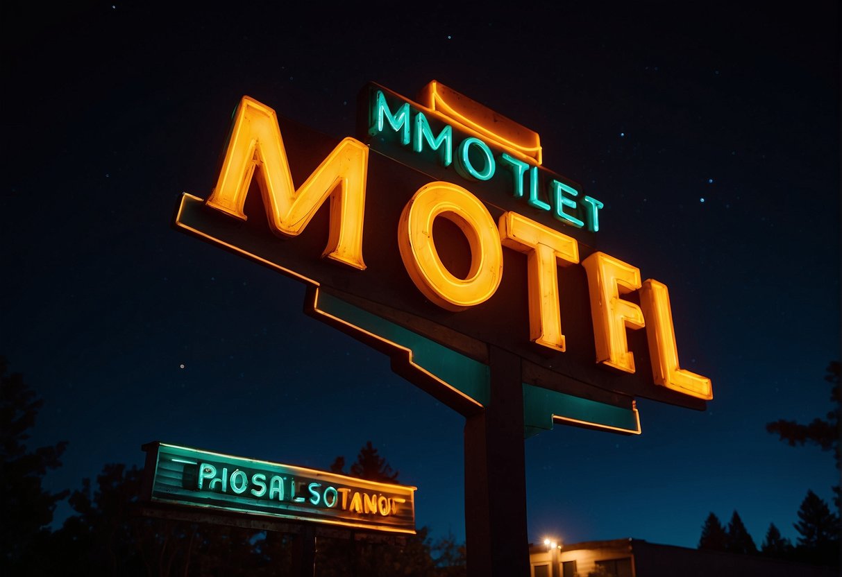 A neon-lit motel sign shines against a dark night sky, casting a glow on the surrounding area
