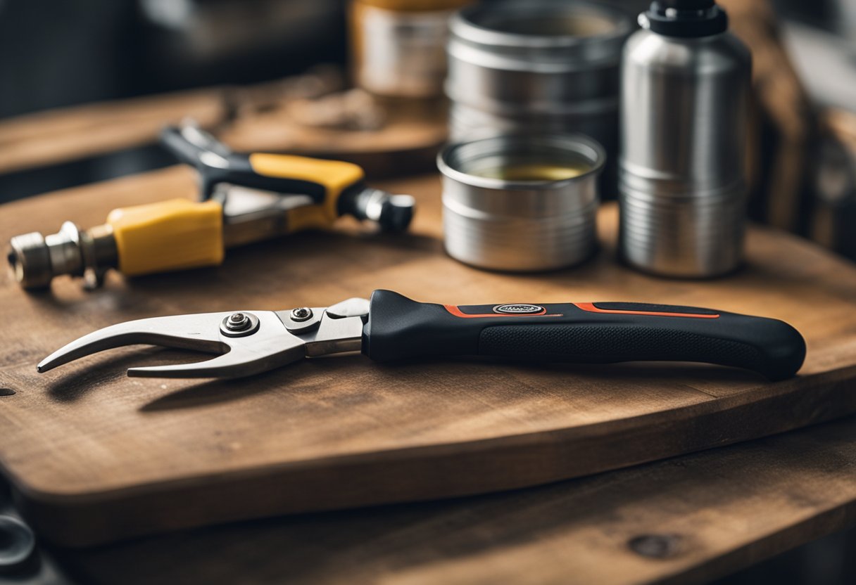 A pair of Felco pruners being cleaned and oiled on a workbench with a small brush and bottle of oil nearby