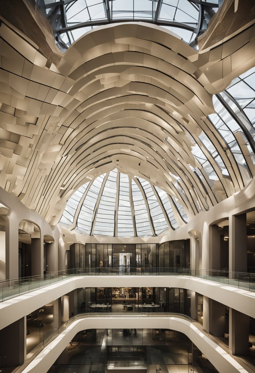 The museum showcases stunning architectural designs, with intricate details and innovative structures. The building's exterior features bold lines and angles, while the interior boasts spacious galleries and soaring ceilings