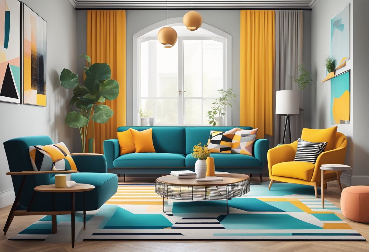 A modern living room with vibrant colors and contemporary decor for 2024. Bold furniture, geometric patterns, and abstract artwork create a stylish and trendy atmosphere