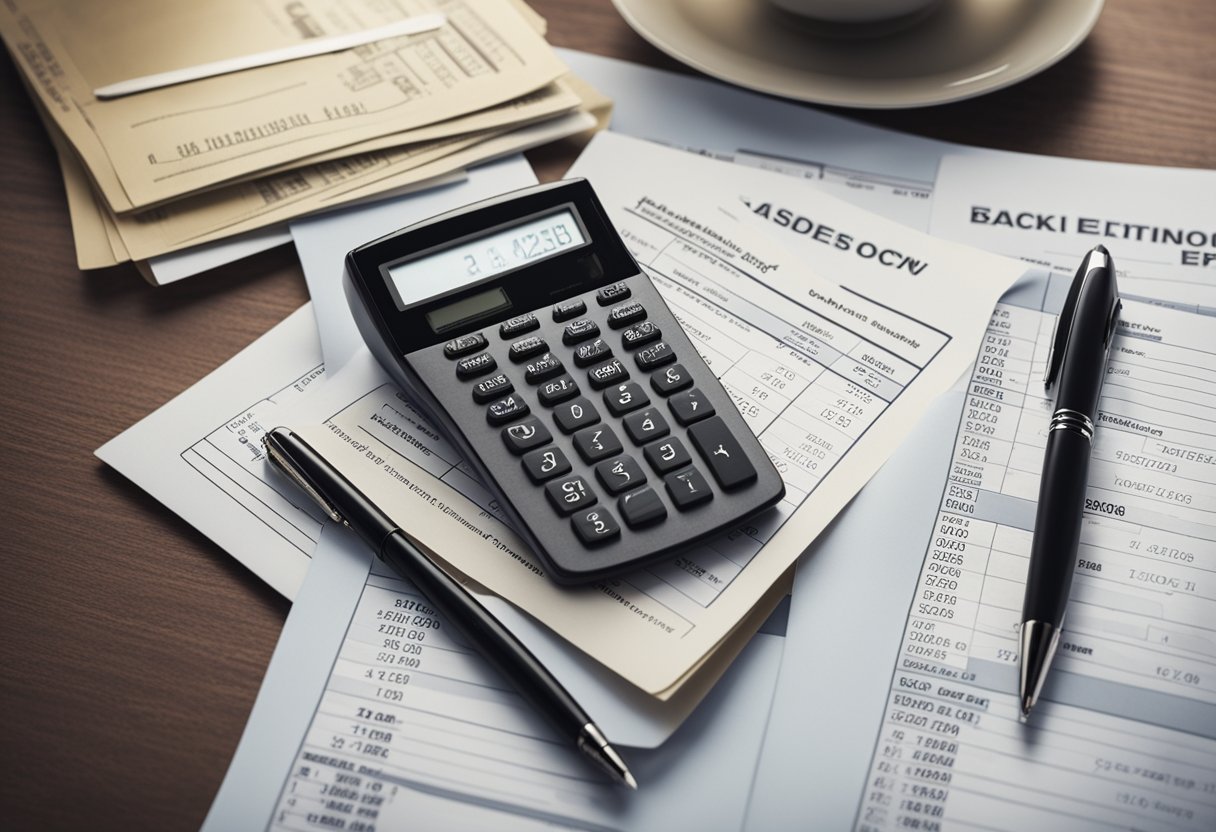 A table with a stack of loan amortization schedules, a calculator, and a pen