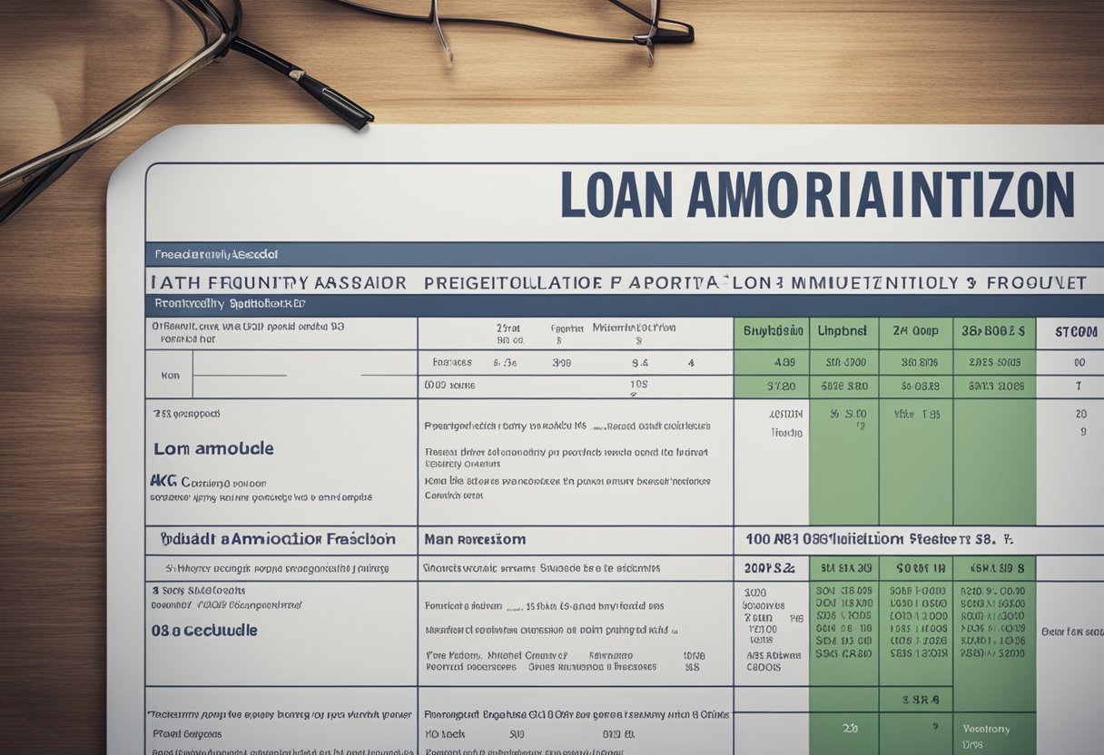 A table with a laptop displaying a loan amortization schedule. A stack of papers with "Frequently Asked Questions" printed on top