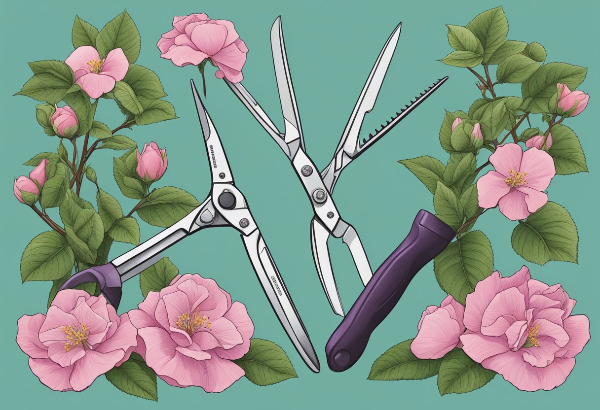 A pair of pruning shears cutting through a blooming rose of sharon plant, severing the stems and removing the flowers