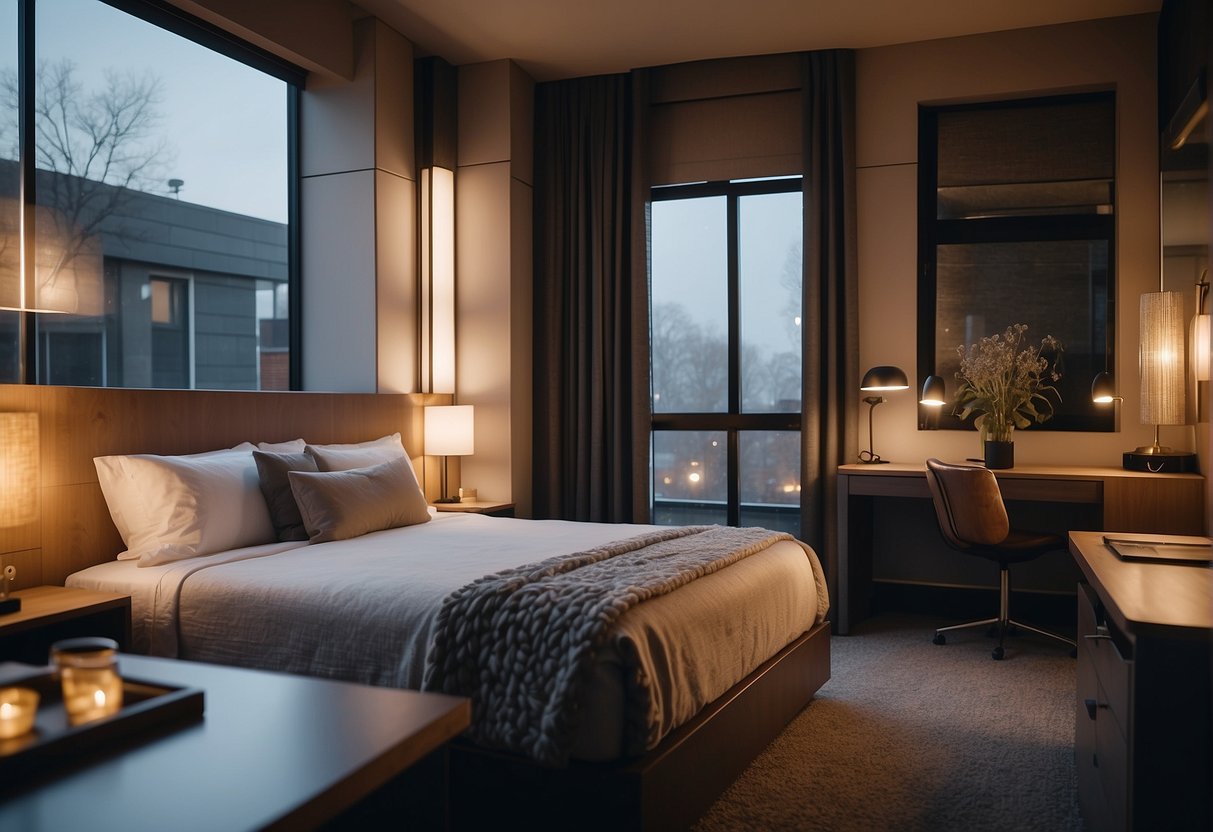 A cozy motel room with a comfortable bed, modern furniture, and a spacious bathroom with luxurious amenities