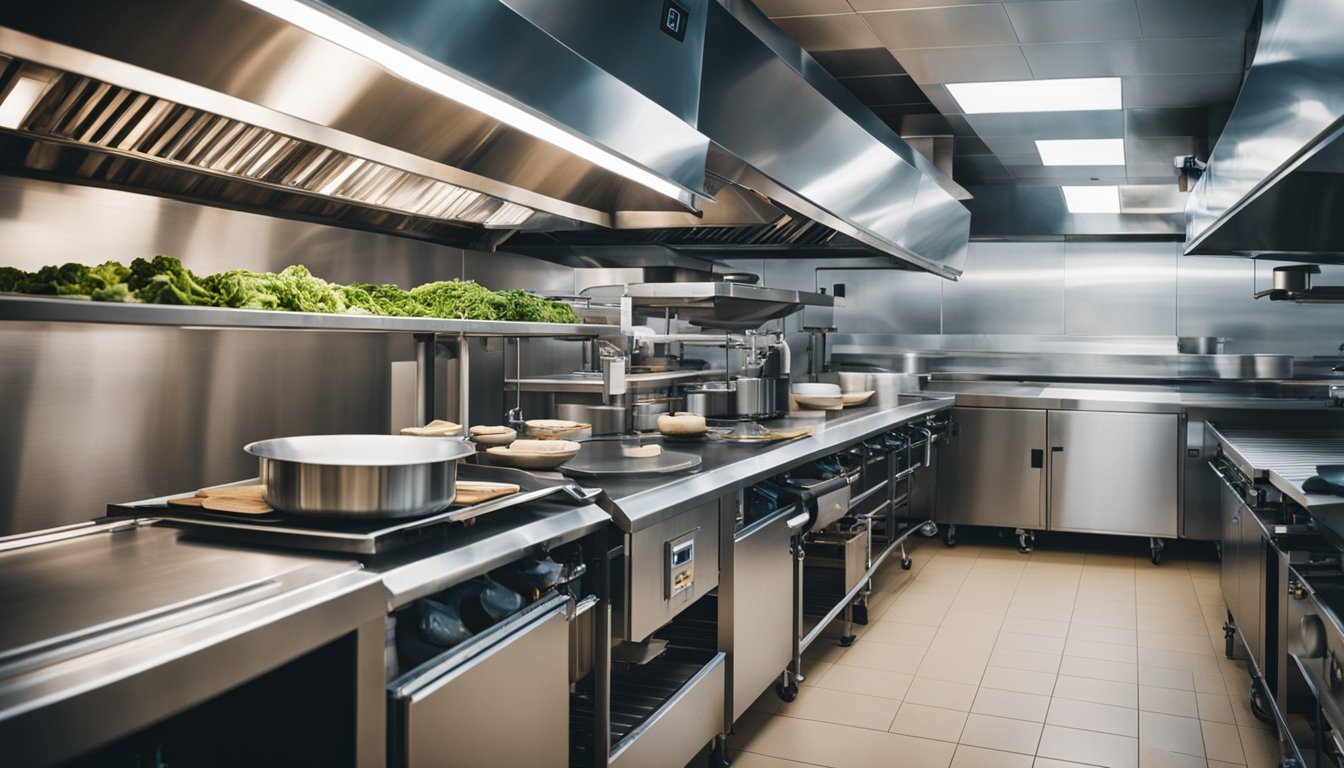 A busy industrial kitchen with large refrigeration equipment and conveyor belts for the food industry