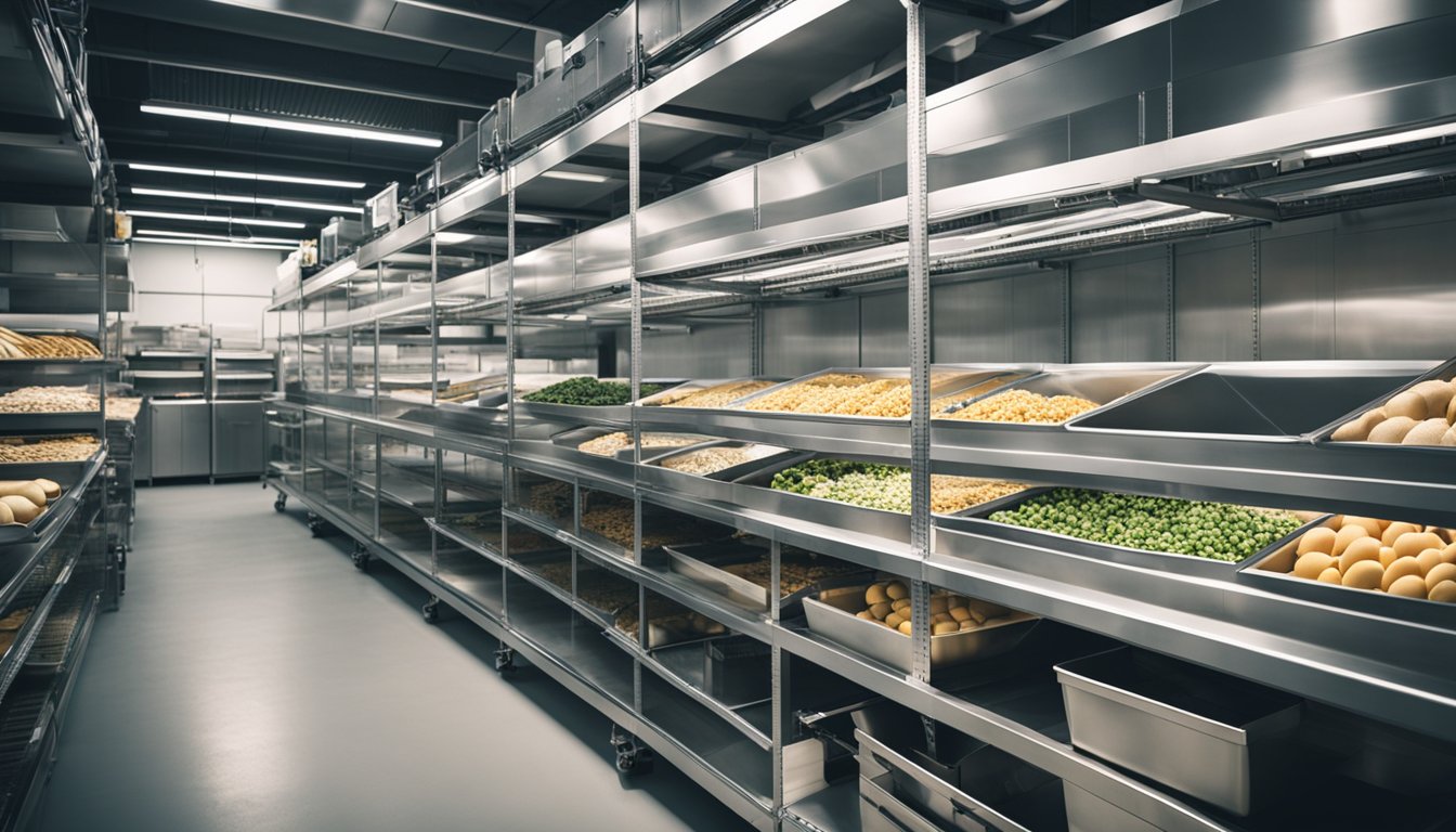 A cold storage facility with food industry equipment neatly organized and labeled