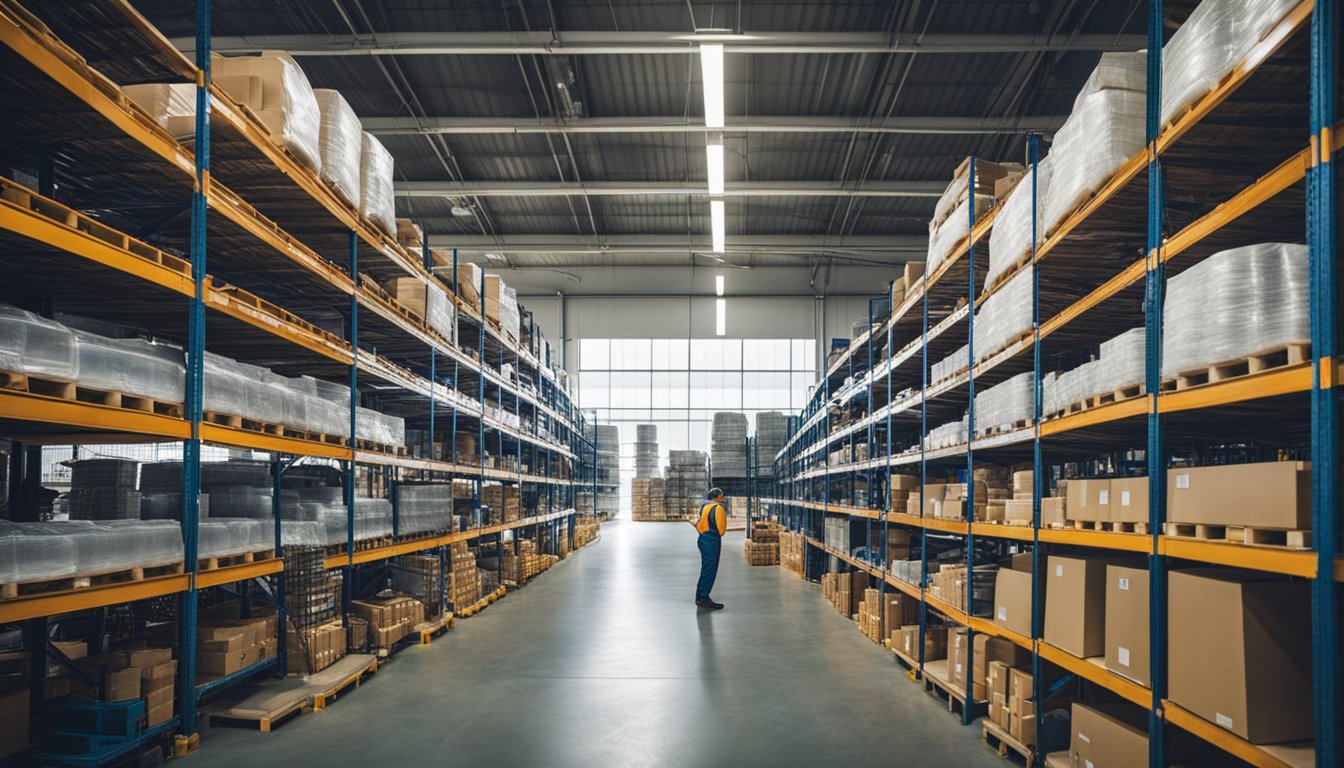 A warehouse with shelves stocked with industrial food processing equipment. Workers inspecting and purchasing machinery