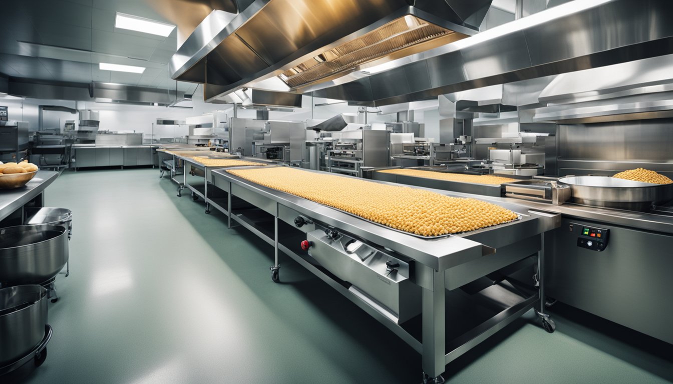 A busy industrial kitchen with various food processing equipment and conveyor belts