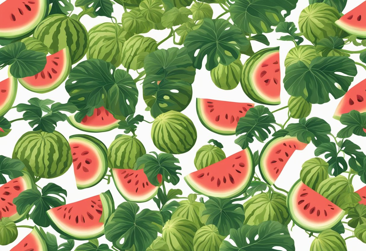 A watermelon plant grows rapidly, its vines spreading across the fertile soil. The sun shines down, providing warmth and energy for the fruit to swell and grow into a giant watermelon