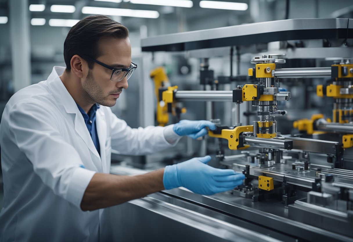 A technician inspects a newly manufactured plastic injection mold for quality and durability. Machines hum in the background as the technician carefully examines the intricate details of the mold