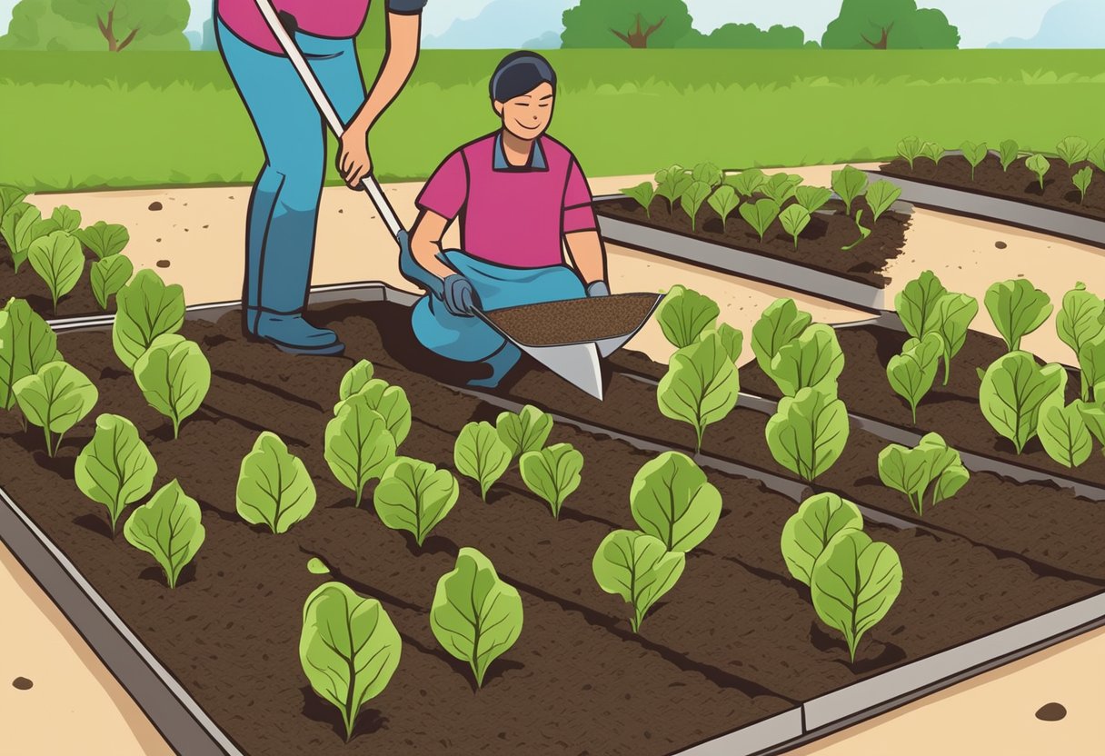 Beet seeds are planted in neat rows in a raised bed. A gardener uses a trowel to make small indentations in the soil, then covers the seeds with a thin layer of dirt